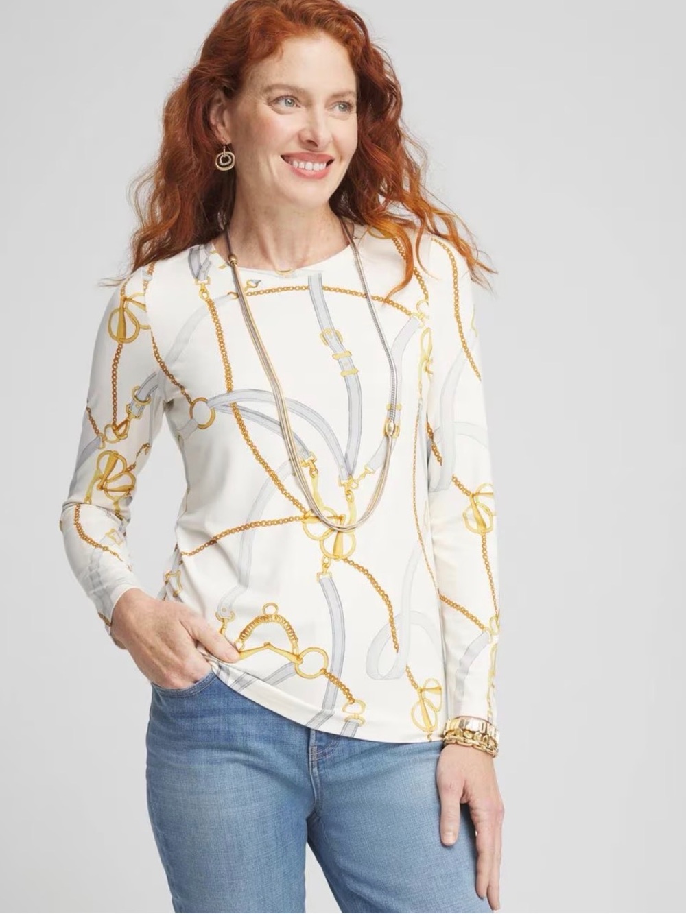 Chicos Touch of Cool Status Layering Tee Long Sleeve Equestrian